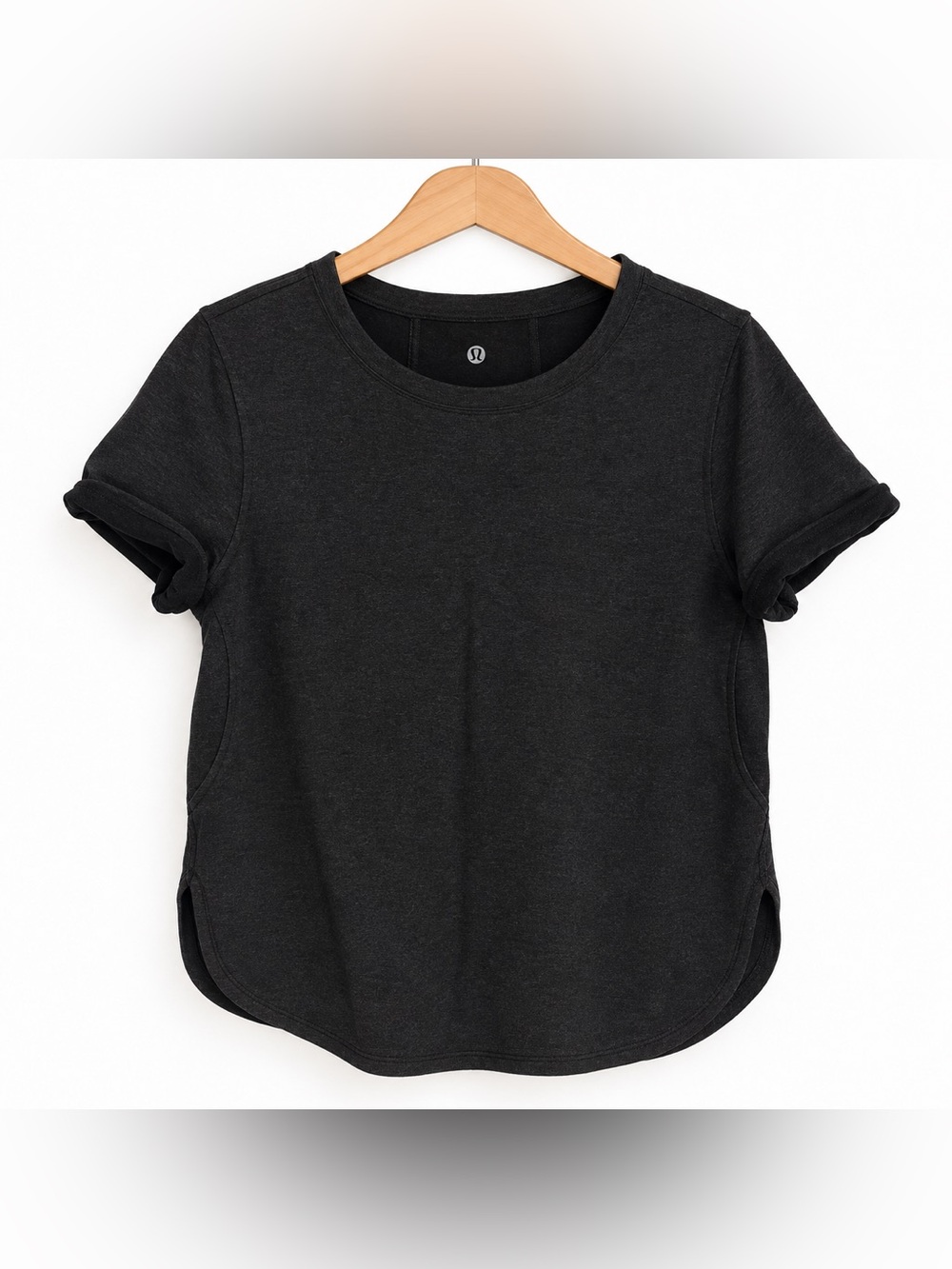 Lululemon Black Structured Sweatshirt Tee Short Sleeve Curved Hem Logo